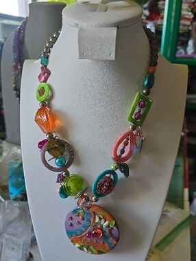 Colorful Multi-Bead Statement Necklace - Green, Pink, Orange, Blue